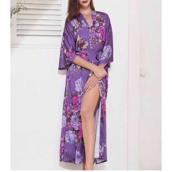 Kimono Robe Long Floral Satin - Picture 3 of 7